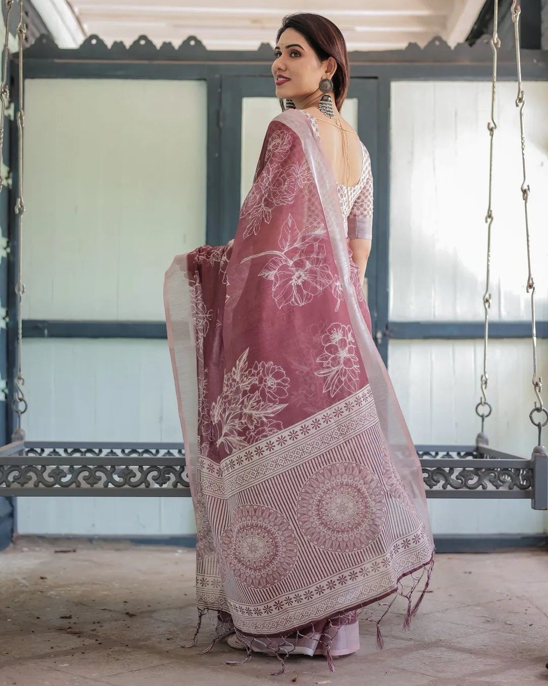 Maroon Floral Linen Saree with Elegant Printed Design
