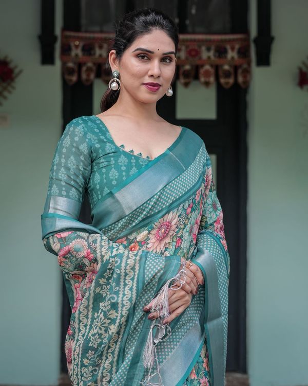 Teal Heritage Printed Linen Saree