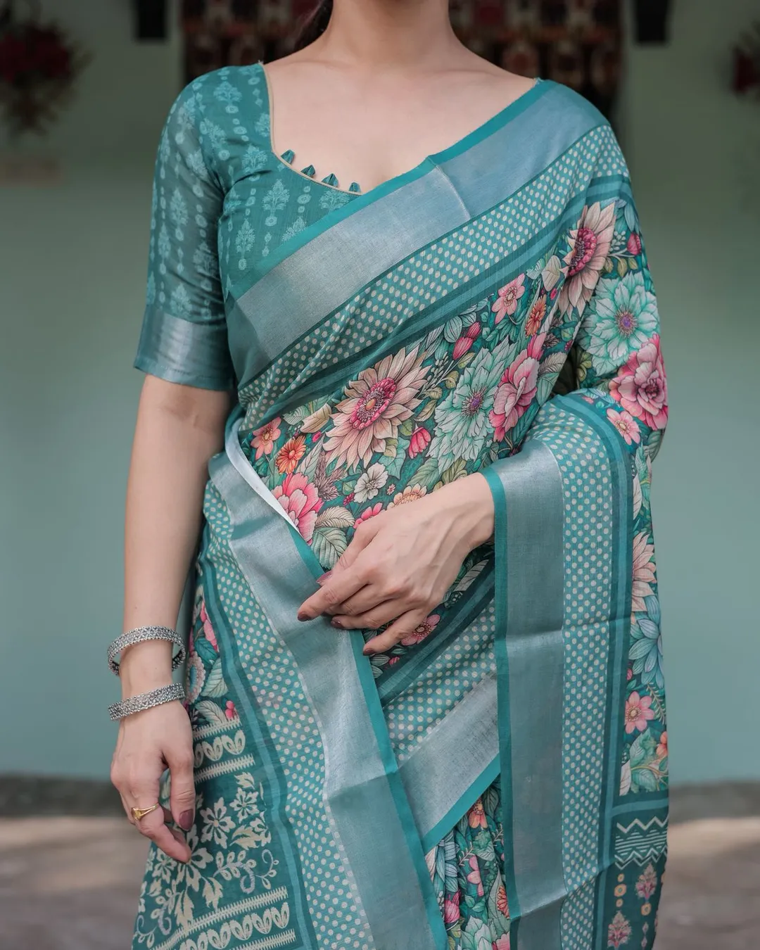 Teal Heritage Printed Linen Saree