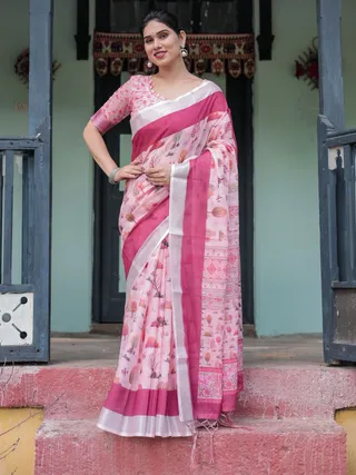 Soft Pink Floral Linen Saree with Elegant Border