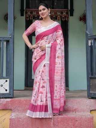 Soft Pink Floral Linen Saree with Elegant Border