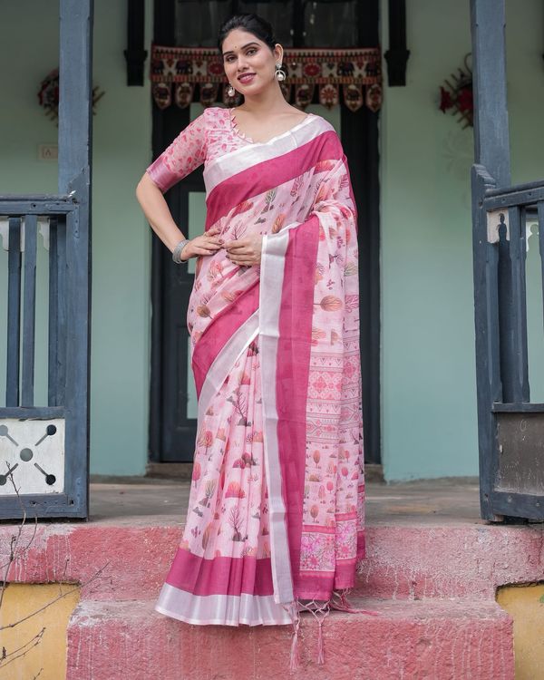 Soft Pink Floral Linen Saree with Elegant Border