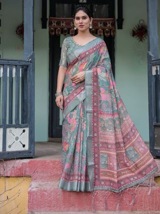 Teal Green Printed Linen Saree with Ethnic Border