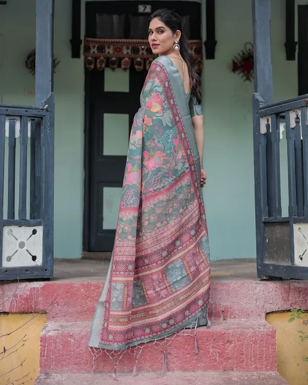 Teal Green Printed Linen Saree with Ethnic Border