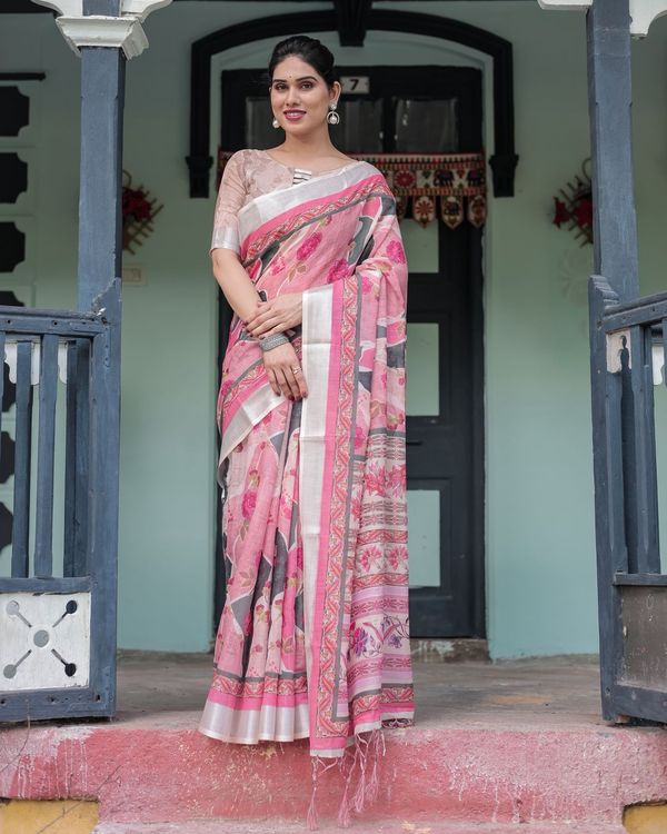 Pink Printed Linen Saree with Designer Border Style