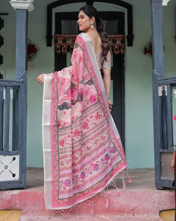 Pink Printed Linen Saree with Designer Border Style