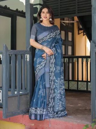 Blue Floral Linen Saree with Elegant Border Design