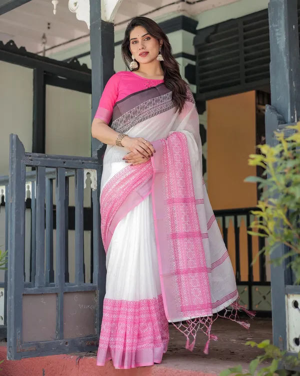 Elegant White Linen Saree with Bold Pink Designer Border