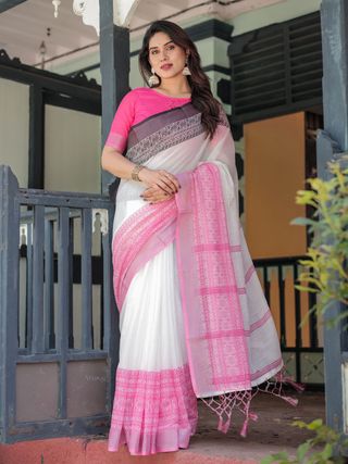Elegant White Linen Saree with Bold Pink Designer Border