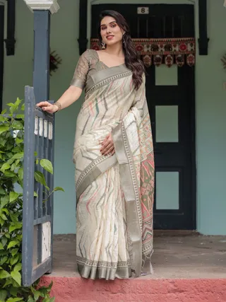 Elegant Pastel Green & Beige Linen Saree with Tribal Design