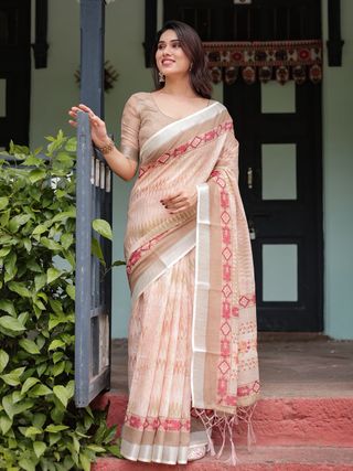 Elegant Beige & Peach Linen Saree with Designer Border