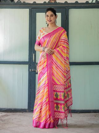 Vibrant Multicolor Linen Saree with Ikat Inspired Prints