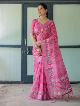 Elegant Pink Linen Saree with Bandhani & Floral Design