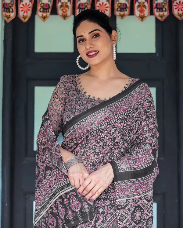 Elegant Black Ajrakh Linen Saree with Pink