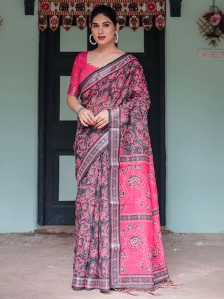 Black Pink Linen Saree with Digital Floral Print Pallu