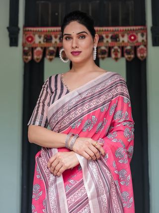 Elegant Pink & Black Linen Printed Saree for Modern Women
