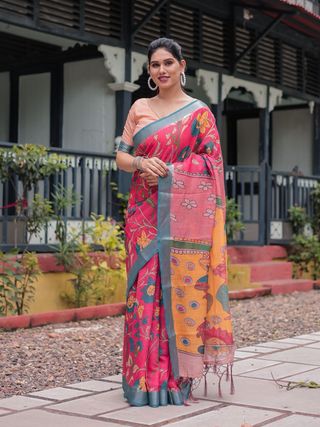 Vibrant Pink & Blue Floral Linen Saree with Artistic Prints