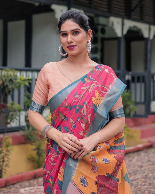 Vibrant Pink & Blue Floral Linen Saree with Artistic Prints