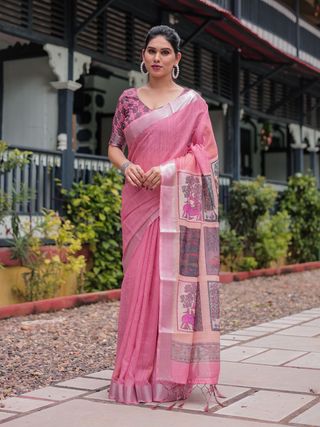 Graceful Pink Linen Saree with Subtle Silver Border