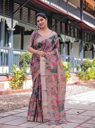 Elegant Mauve Linen Saree with Artistic Madhubani Print