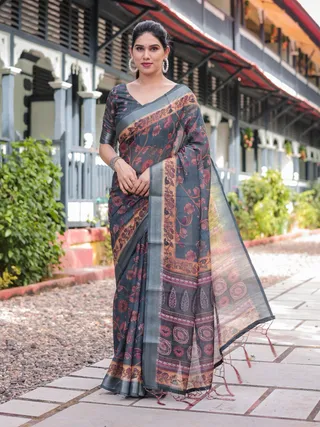 Charcoal Grey Linen Saree with Floral Print Online
