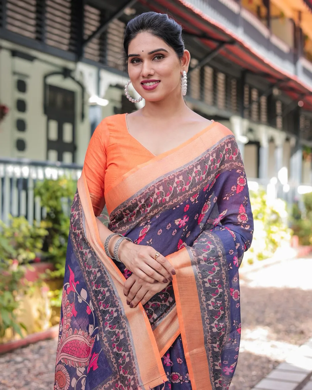 Royal Blue Linen Saree with Vibrant Orange Border Design