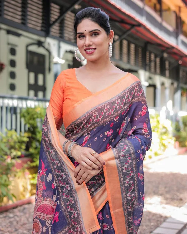Royal Blue Linen Saree with Vibrant Orange Border Design