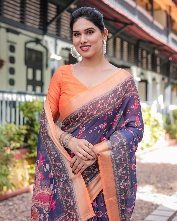 Royal Blue Linen Saree with Vibrant Orange Border Design