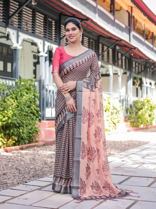 Elegant Peach Linen Saree with Bold Black Printed Border