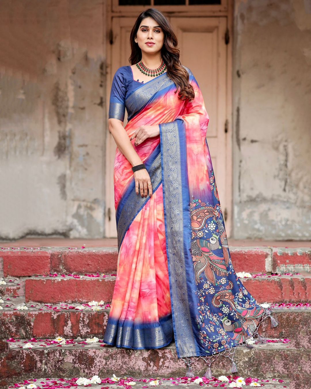 Pink Blue Ombre Tussar Silk Saree Online