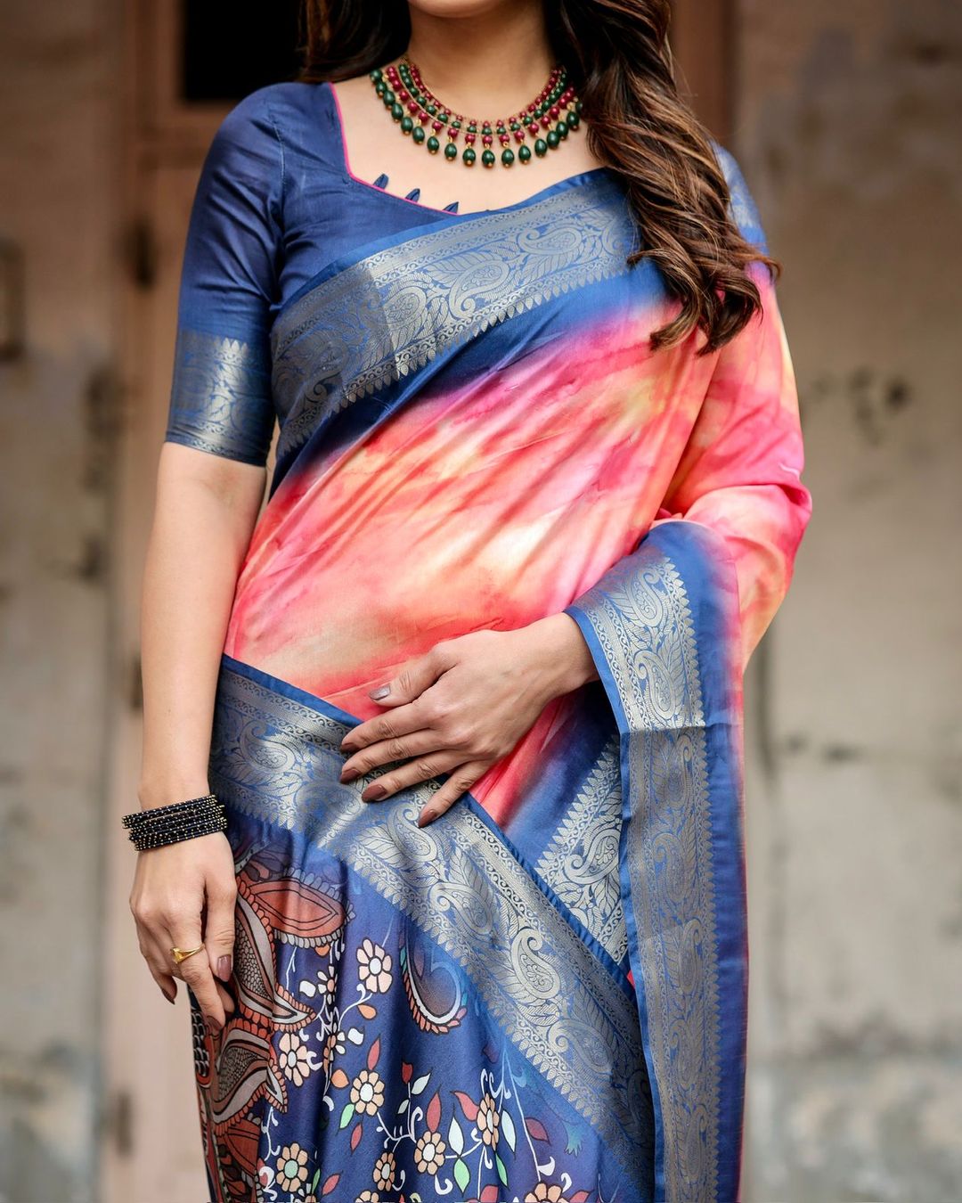 Pink Blue Ombre Tussar Silk Saree Online