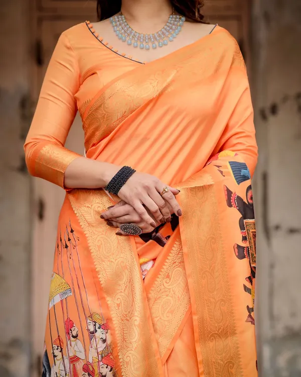 Orange Tussar Silk Saree Online with Zari | Varnavi