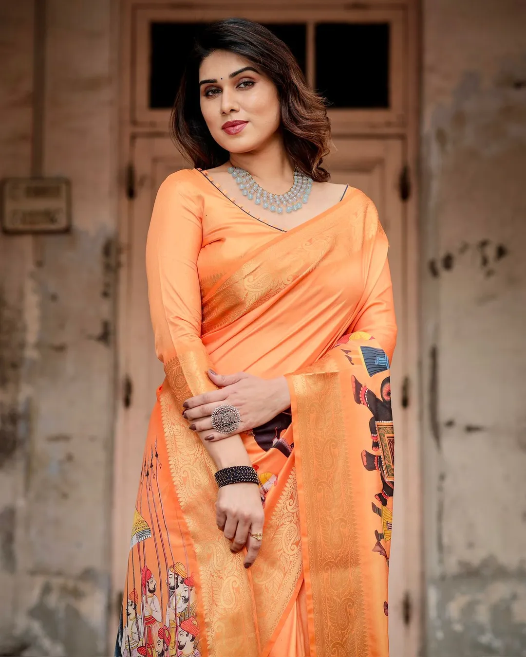 Orange Tussar Silk Saree Online with Zari | Varnavi