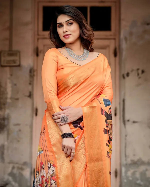 Orange Tussar Silk Saree Online with Zari | Varnavi