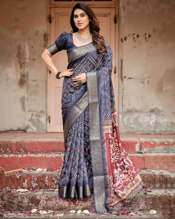 Navy Blue Tussar Silk Saree Online | Varnavi