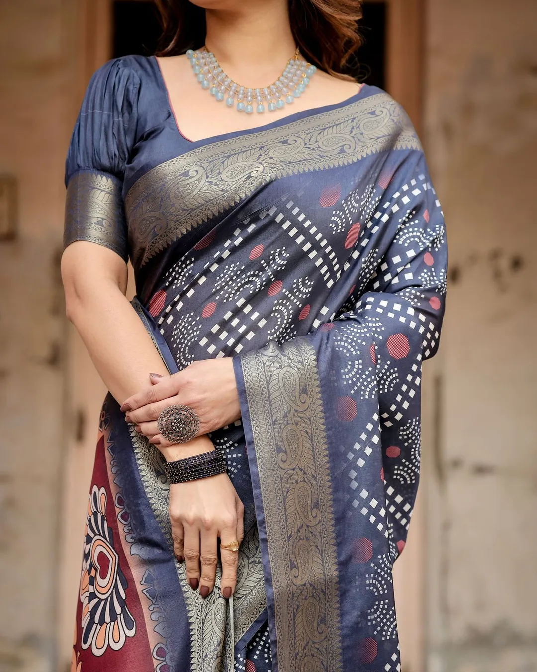 Navy Blue Tussar Silk Saree Online | Varnavi