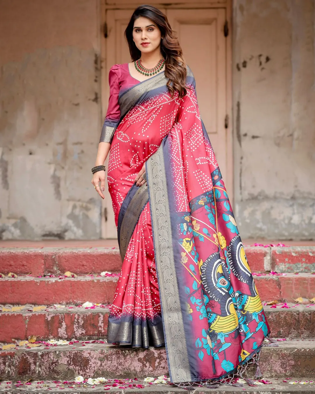 Royal Wine Bandhani Tussar Silk Saree with Zari Border