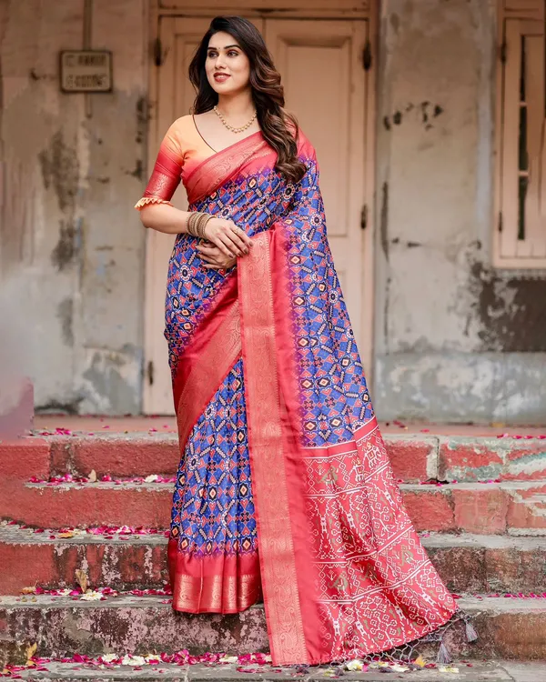Blue Red Ikat Silk Saree Online with Zari | Varnavi