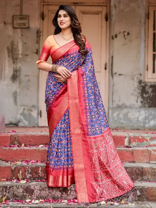 Blue Red Ikat Silk Saree Online with Zari | Varnavi