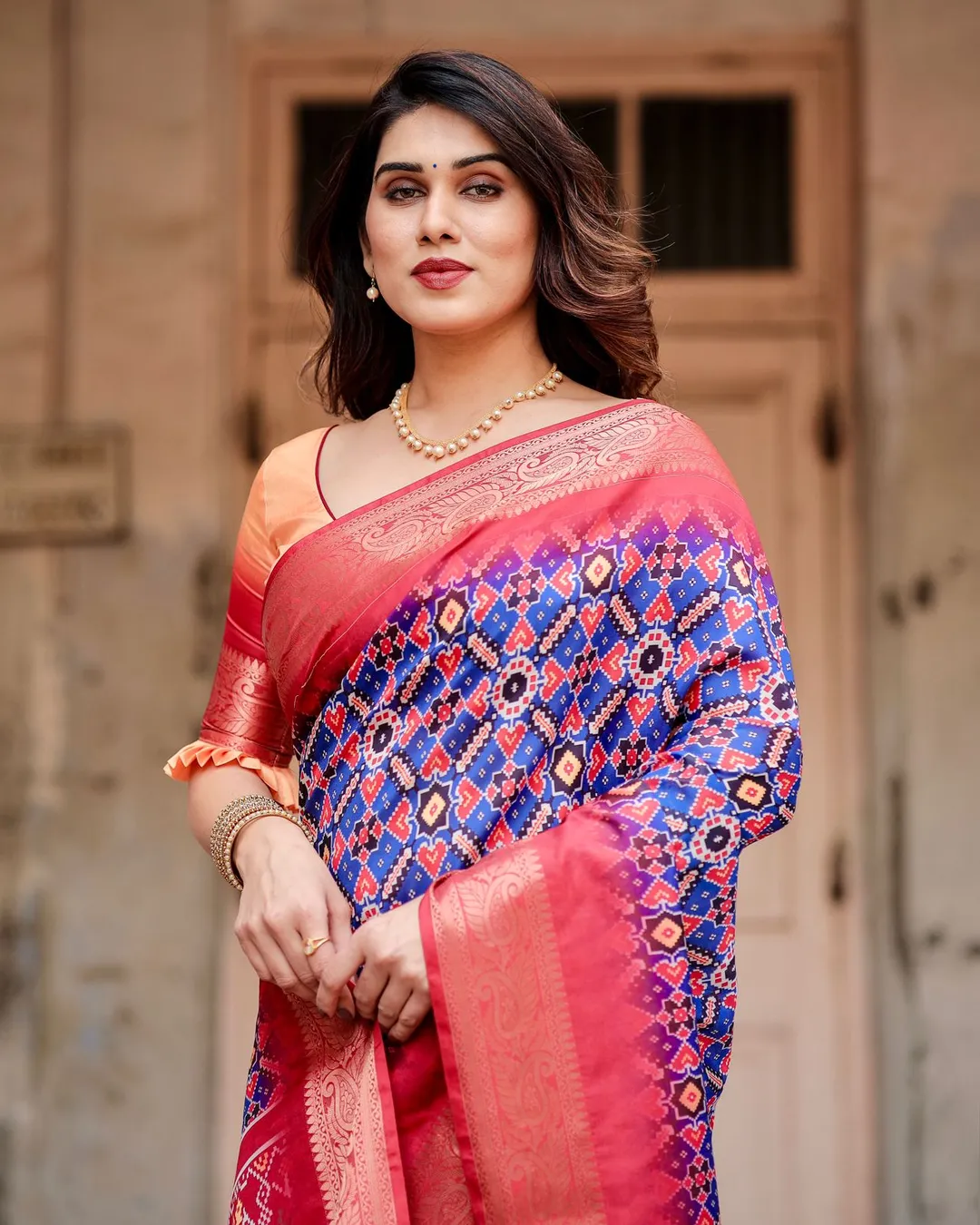 Blue Red Ikat Silk Saree Online with Zari | Varnavi