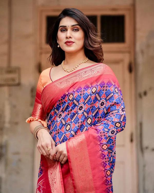 Blue Red Ikat Silk Saree Online with Zari | Varnavi