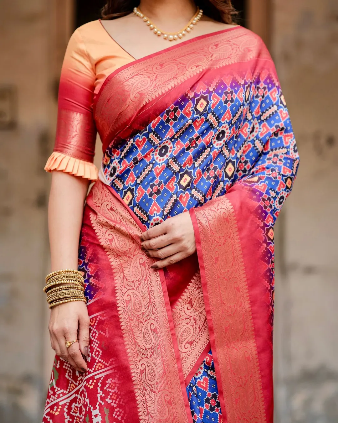 Blue Red Ikat Silk Saree Online with Zari | Varnavi