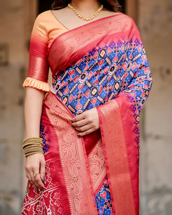 Blue Red Ikat Silk Saree Online with Zari | Varnavi