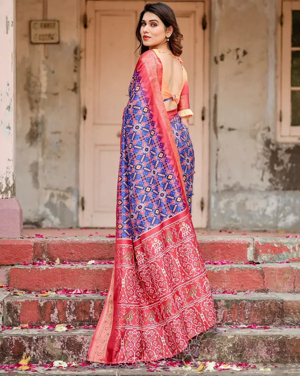 Blue Red Ikat Silk Saree Online with Zari | Varnavi