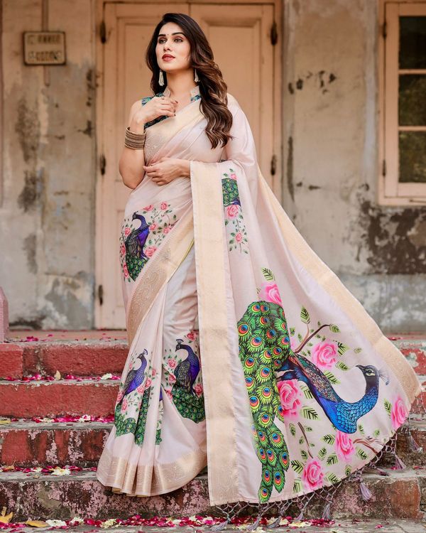 Designer Ivory Silk Saree with Peacock Motif Gold Zari Border