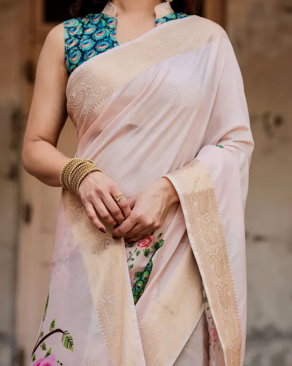 Designer Ivory Silk Saree with Peacock Motif Gold Zari Border