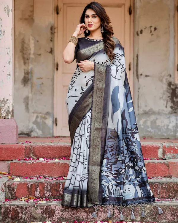 Designer Black & White Abstract Soft Silk Saree