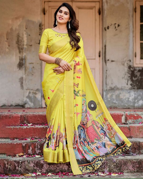 Varnavi Yellow Heritage Digital Print Silk Saree with Zari Border & Mughal Pallu