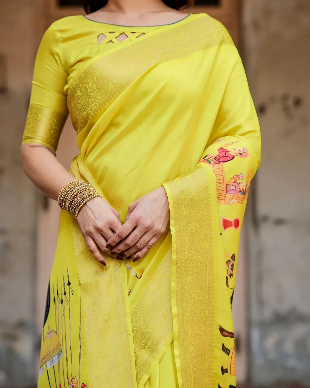 Varnavi Yellow Heritage Digital Print Silk Saree with Zari Border & Mughal Pallu