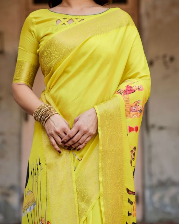 Varnavi Yellow Heritage Digital Print Silk Saree with Zari Border & Mughal Pallu